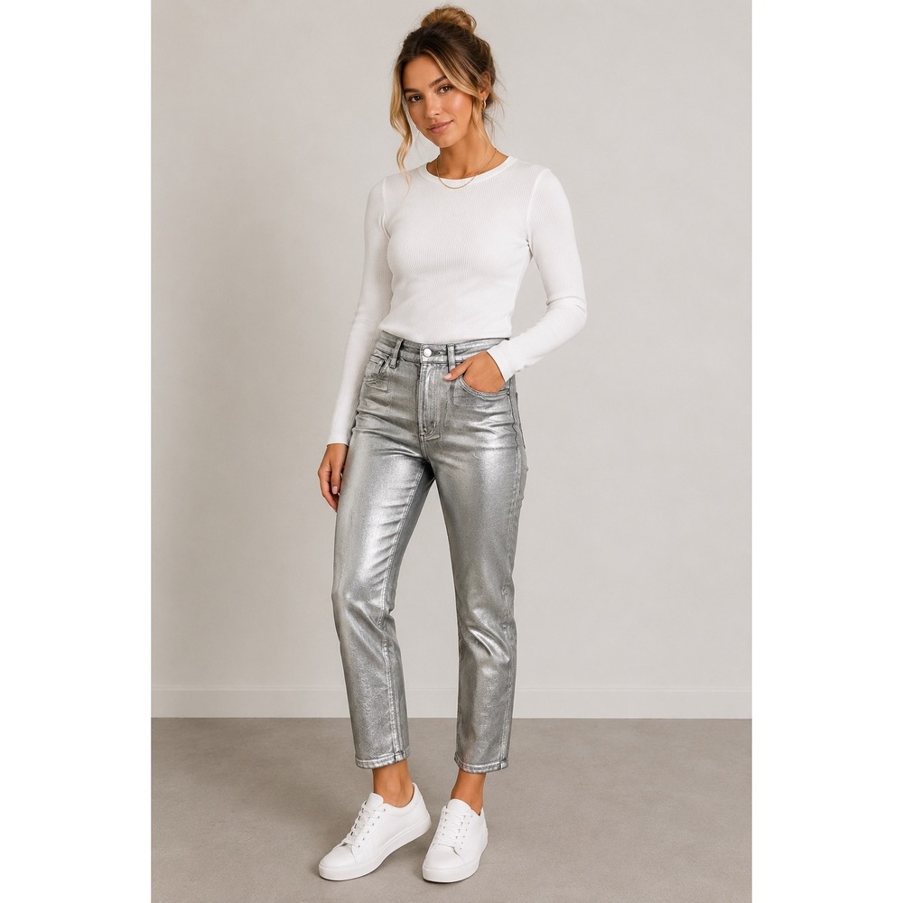 Joes Jeans The Luna High Rise Cigarette Ankle Silver Metallic Coated Jeans 27